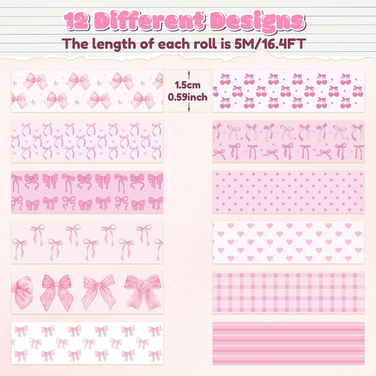 12pcs Pink Bow Washi Tape, Trendy Watercolor Pink Bow Cherry Preppy Aesthetic Decorative Tape, Cute Bowknot Heart Buffalo Plaid Artistic Tape for DIY Craft Scrapbook Wrapping Decor
