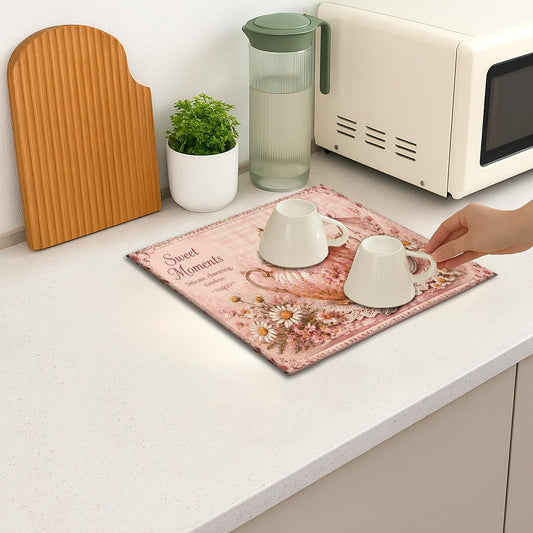 Floral Dish Drying Mats for Kitchen Counter, Peach Flower Absorbent Dish Drainer Mat, Charming Vintage Microfiber Drying Pad for Coffee Bar Protector 16x18 Inch