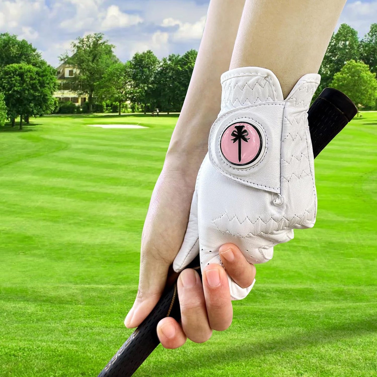 PINKTEE Women's Golf Glove Left Hand Ladies Pink Cabretta Leather Golf Gloves with Removable Magnetic Ball Marker Full Finger