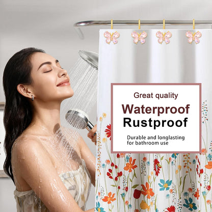 Shower Curtain Hooks,12Pcs Rust Resistant Glitter Crystal Butterfly Metal Decorative Shower Rings Hangers for Bathroom Curtains, Clothing, Towels (Pink)