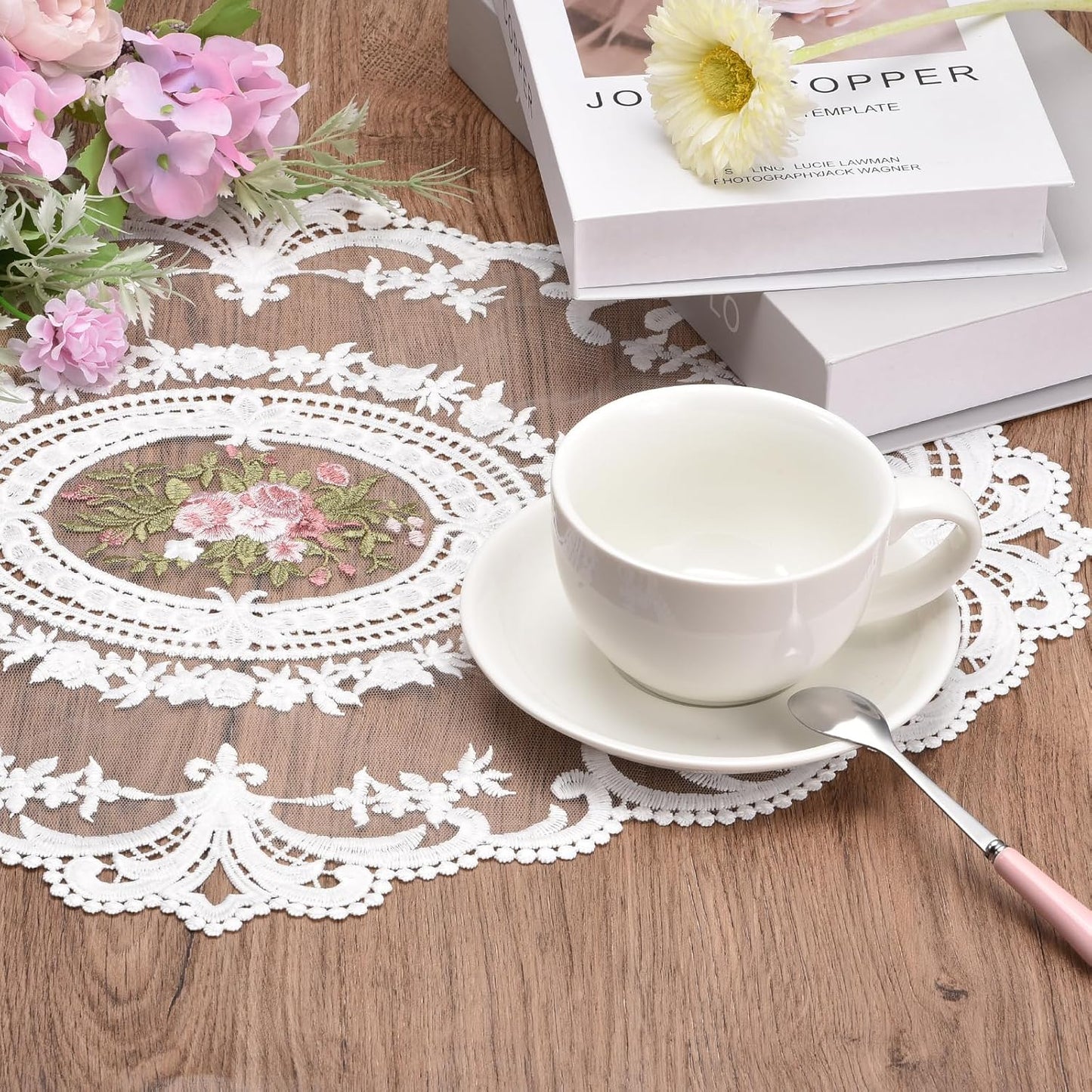uxcell Retro Lace Placemat 12x16-in Oval Embroidered Table Place Mats French Crochet Doilies Coasters Cup Mat for Home Wedding, Peach Pink