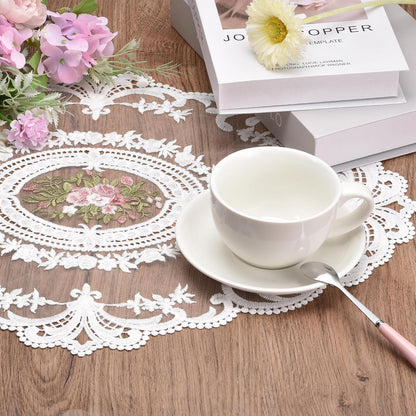 uxcell Retro Lace Placemat 12x16-in Oval Embroidered Table Place Mats French Crochet Doilies Coasters Cup Mat for Home Wedding, Peach Pink