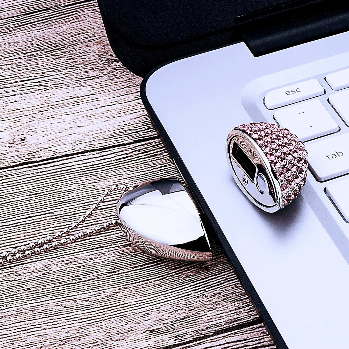 64GB USB 3.0 Flash Drive Diamond Heart with Necklace Memory Stick High Speed Data Storage Pink
