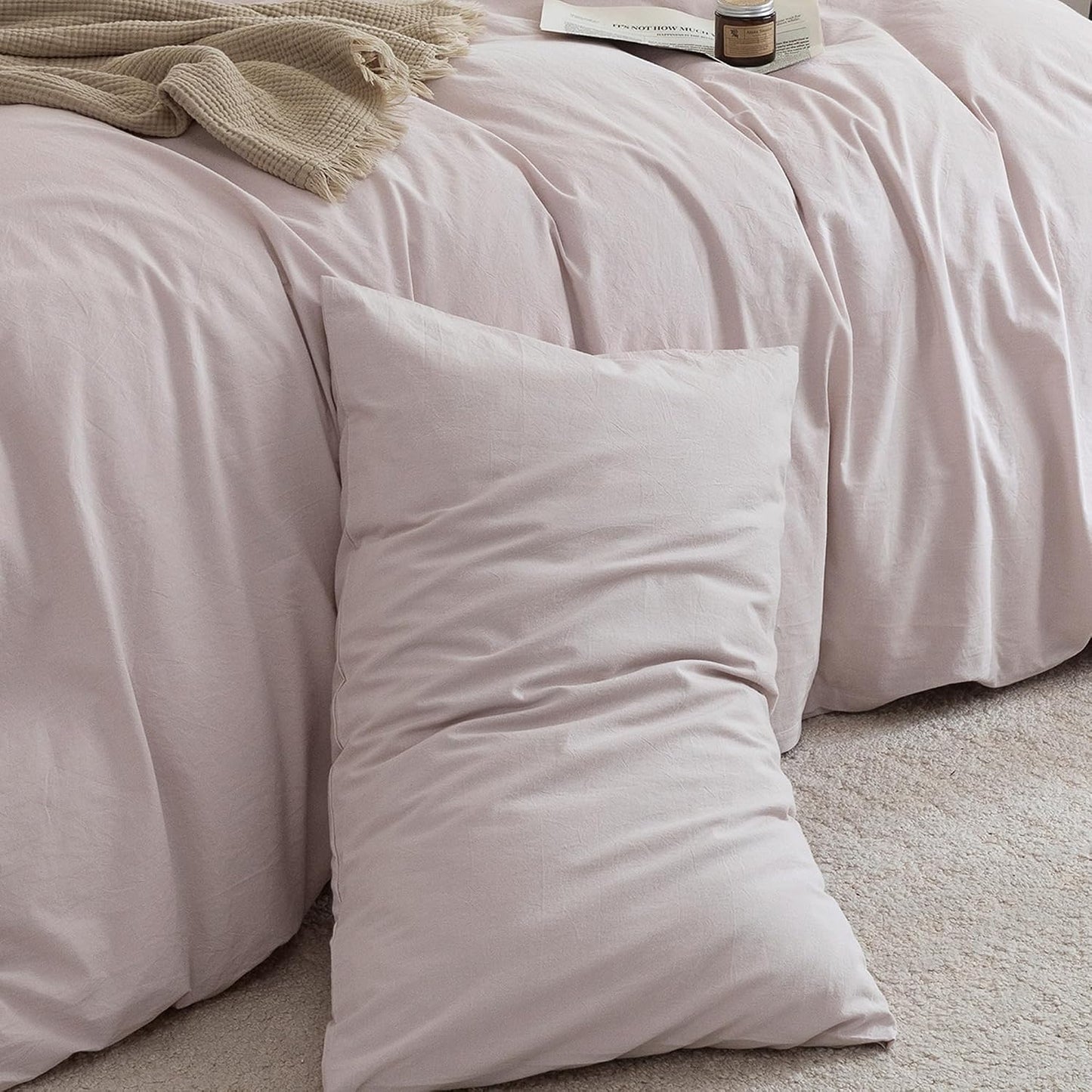 FOSSA 100% Washed Cotton Pillowcases Set of 2 Linen Feel Super Soft Breathable Cozy Pillow Covers with Envelope Closure Solid Greyish Pink Standard