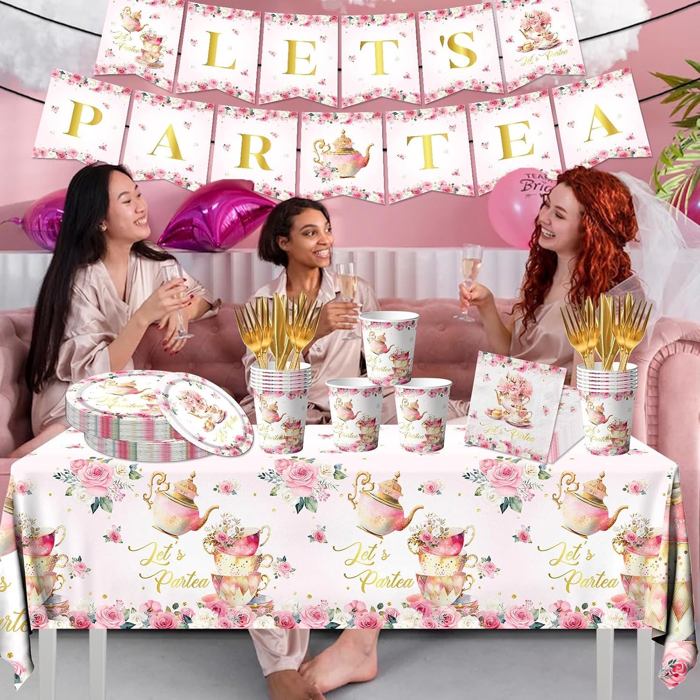Tea Party Decorations, Tea Party Tableware Sets Include Plates, Cup, Napkins, Tablecloth, Pink Floral Garden Tea Party Birthday Decorations for Little Girls, Tea Party Supplies Serves 20