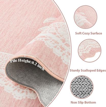 ORTIGIA Pink Scalloped Runner Rug 2x6, Washable Low Pile Non Slip Bathroom Rug with Bow for Hallway Bath Kitchen Bedroom Dorm Living Room Home Indoor Decor