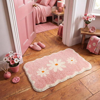 Breling Pink Daisy Bathroom Rugs Cute Scalloped Edge Flocked Bath Mat Soft Tufted White Flower Rug Non Slip Super Absorbent Machine Washable Bathtub Mats for Shower, 24 x 16 Inches