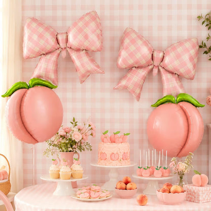 4Pcs Pink Peach Bow Gingham Balloons/One Sweet Peach Birthday Decorations/Pea*ch Birthday Party Decor for Girls Princess/Sweet As A Peach Party/Pink Fruit Baby Shower, Summer Picnic Wedding Decor