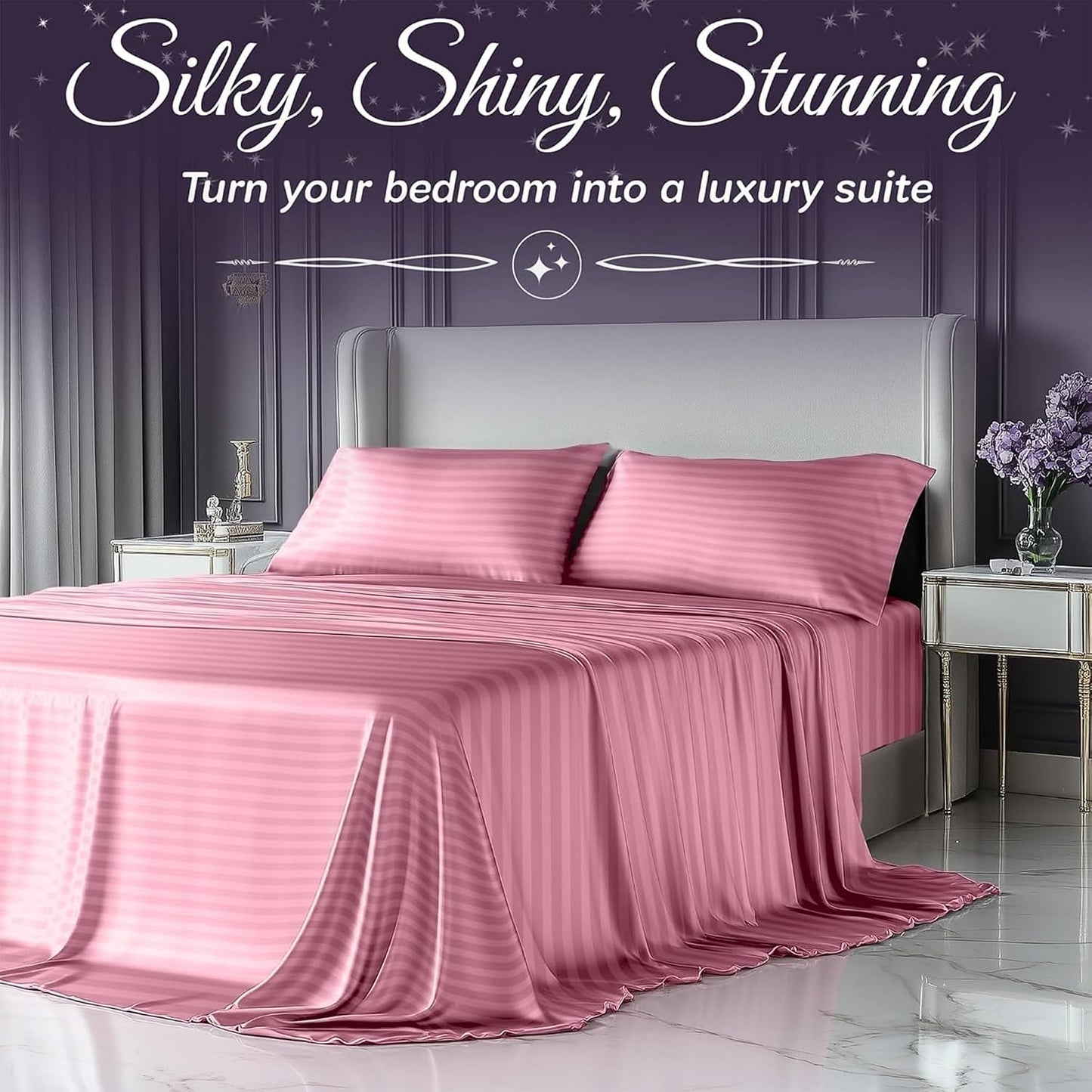 SLEEP SANCTUARY Satin Sheets Queen Size – 4 Piece Luxury Silky Bed Set, Softer Than Silk, 15" Deep Pocket, Cooling & Wrinkle-Free, Moisture-Wicking & Breathable for Hair & Skin (Striped Pink)