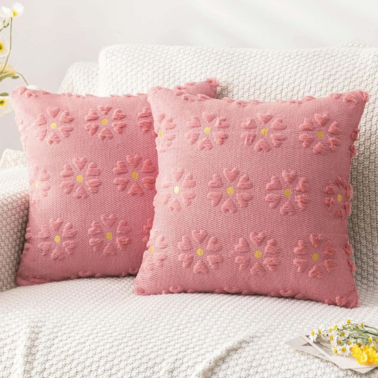 AQOTHES Spring Summer Pink Throw Pillow Covers 18x18 inch Set of 2 Flower Floral Faux Fur Cute Throw Pillows for Sofa Couch Living Room Decor