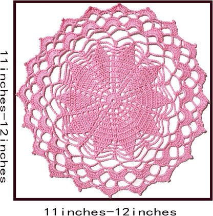 SUNONE11HKA 12 Inch Lace Crochet Doilies Table Placemat Washable Kitchen Round Leaves Decor Doily (1, Pink)