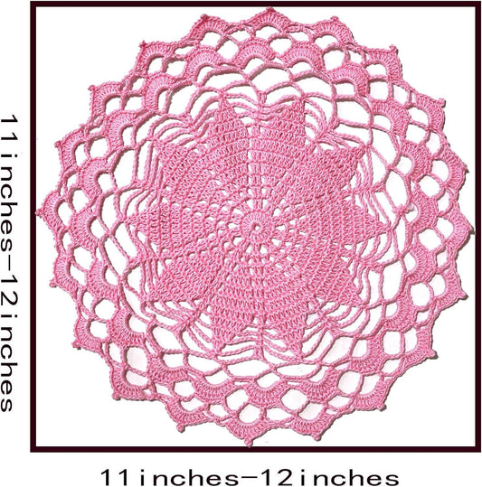 SUNONE11HKA 12 Inch Lace Crochet Doilies Table Placemat Washable Kitchen Round Leaves Decor Doily (1, Pink)