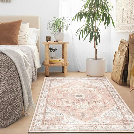 MUJOO Pink Rug 3'x5',Washable Rugs for Entryway Bedroom Living Room Kitchen,Boho Small Area Rug Non Slip Carpet Indoor,Vintage Soft Blush and White Floral Rug