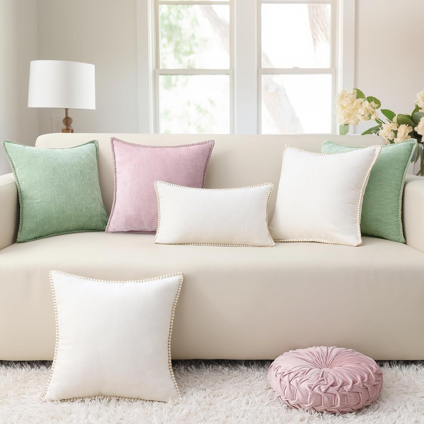 decorUhome Summer Chenille Soft Cozy Throw Pillow Covers 18x18 Set of 2, Modern Farmhouse Boho Velvet Decorative Pillow Cases with Stitched Edge for Couch Sofa Bed Home Decor, Blush Pink