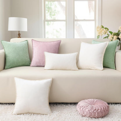 decorUhome Summer Chenille Soft Cozy Throw Pillow Covers 18x18 Set of 2, Modern Farmhouse Boho Velvet Decorative Pillow Cases with Stitched Edge for Couch Sofa Bed Home Decor, Blush Pink