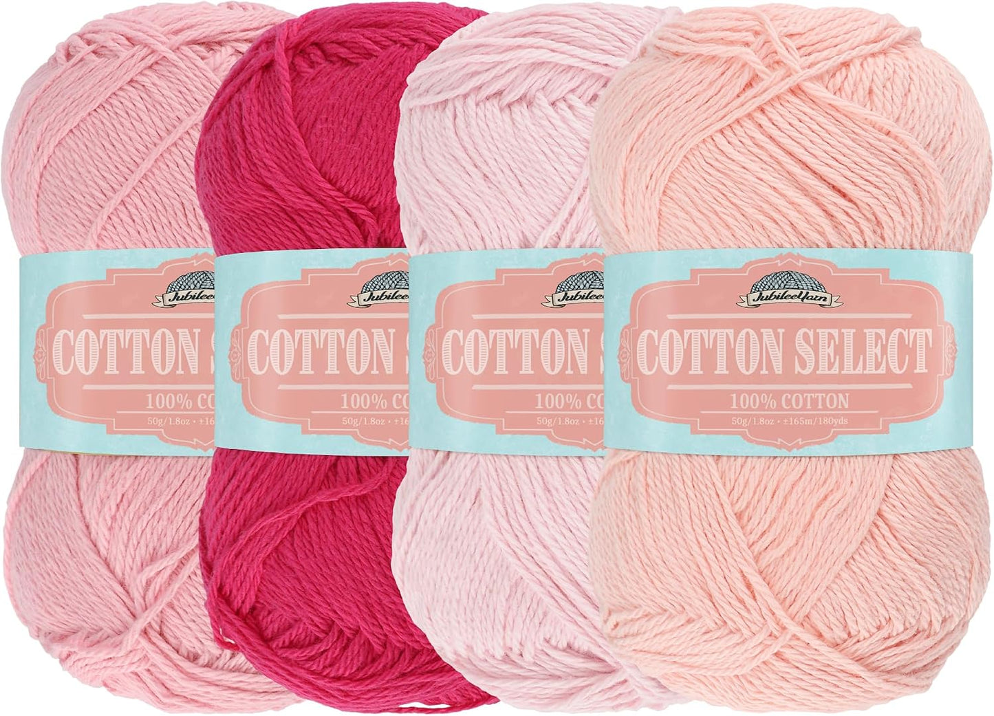 JubileeYarn Cotton Select Yarn - 50g/Skein Sport Weight - Shades of Pink - 4 Skeins