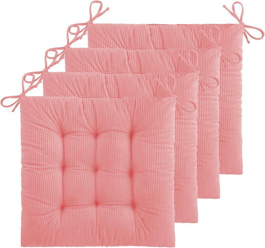 ELFJOY 4 Pack Chair Cushions for Dining Kitchen Chairs 18 Inches Seat Cushion Pads Warm Thick Corduroy Comfort Chair Cushions for Office with Ties(18", Light Pink)