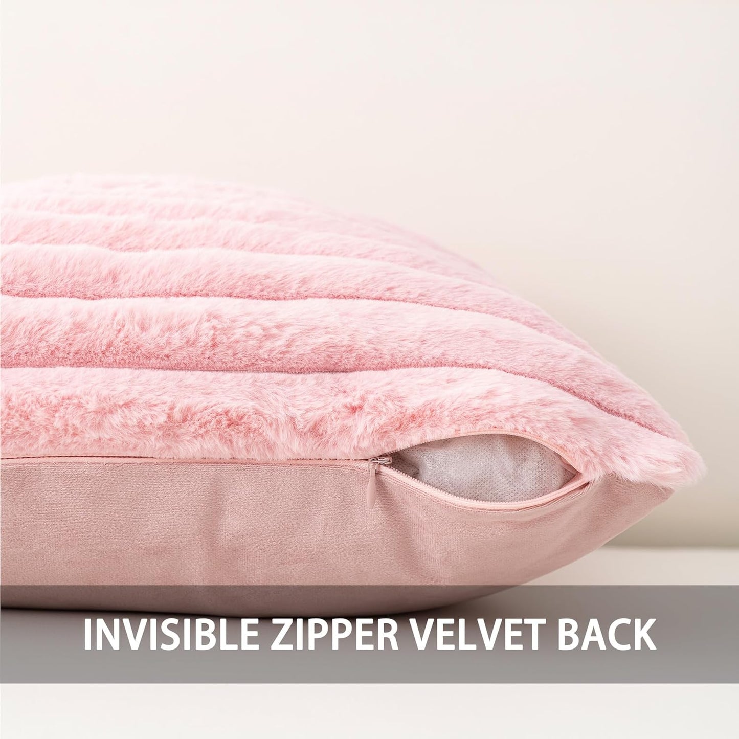 Aegero Pack of 2 Faux Fur Christmas Throw Pillow Covers 18x18 Inch, Soft Plush Striped Neutral Couch Pillow Cover, with Velvet Back Modern Home Decor for Sofa Living Room Couch Bed Pink