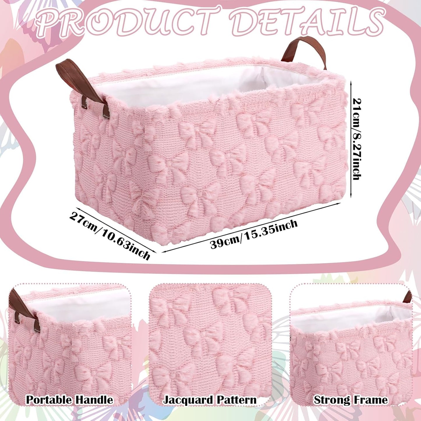 Kathfly 3 Pcs Bow Foldable Storage Baskets Pink Bow Plush Faux Fur Jacquard Design Laundry Basket with Handles Waterproof Storage Bins Fabric Shelf Baskets for Organizing Closet Clothes