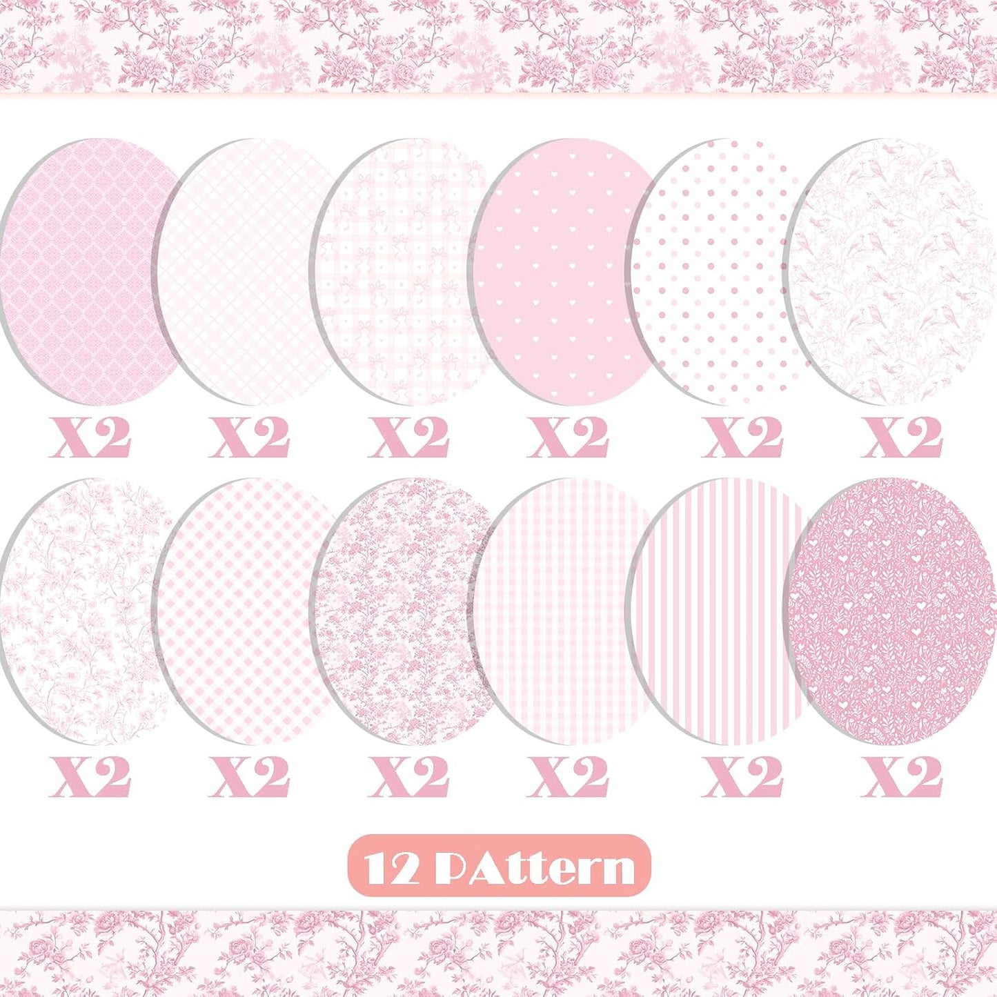 24 Sheets Pink Floral Bird Bow Scrapbook Paper, Preppy Floral Ribbon Bow Birds Decorative Craft Paper Folded Flat for Girly Birthday Baby Shower Card Making Photo Album Decor, 12'' x 12'' (A)
