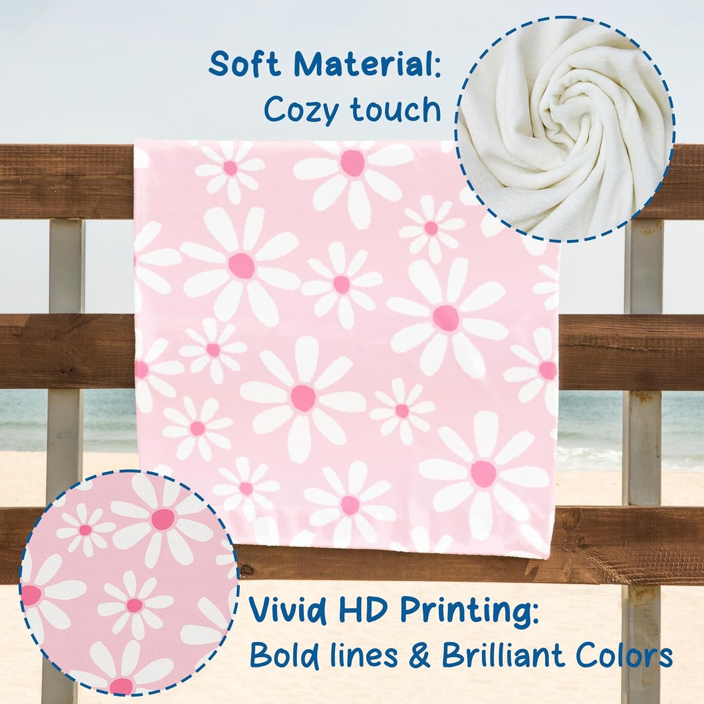 Pink Daisy Floral Beach Towel 60x30 Inches, Daisy Flower Swim Pool Bath Towels for Women Girls Bathroom Swimming Pool Travel Camping, Flower Oversized Beach Towels