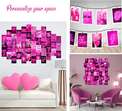 WOONKIT Pink Neon Wall Collage Kit Aesthetic Pictures, Trendy Room Decor for Teen Girls, Pink , 50pcs 4x6 Inch