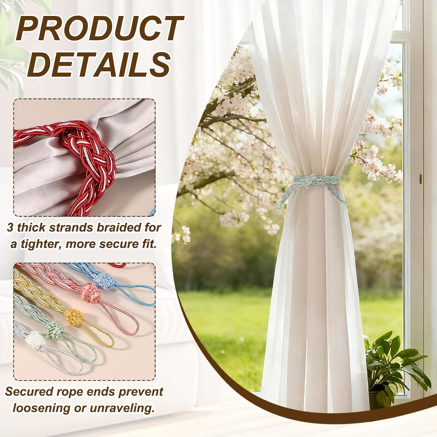 PATIKIL 23inch Curtain Tiebacks, 6 Pack Curtain Tie Backs Handmade Braided Drapery Tiebacks Lovely Cute Versatile Holdback Rope with Hook for Curtains Drapes Wall Window, Pink