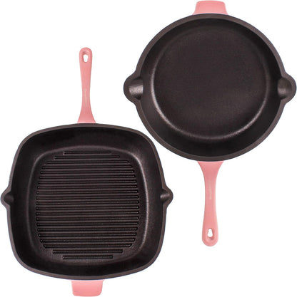 BergHOFF Neo 4Pc Enameled Cast Iron Cookware Set, Grill Pan 11 inches, Fry Pan 10 inches, 3qt. Dutch Oven, Matching Lid, Fast, Evenly Heat, Oven Safe (Pink)
