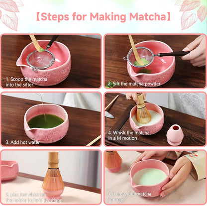 7 Pcs Matcha Whisk Set, Ceremony Matcha Kit with Matcha Bowl, Bamboo Whisk and Holder, Scoop and Scoop Rest, Sifter and Tea Towel, Gift for Matcha Lovers (Pink/Cherry Blossom-Patterned)