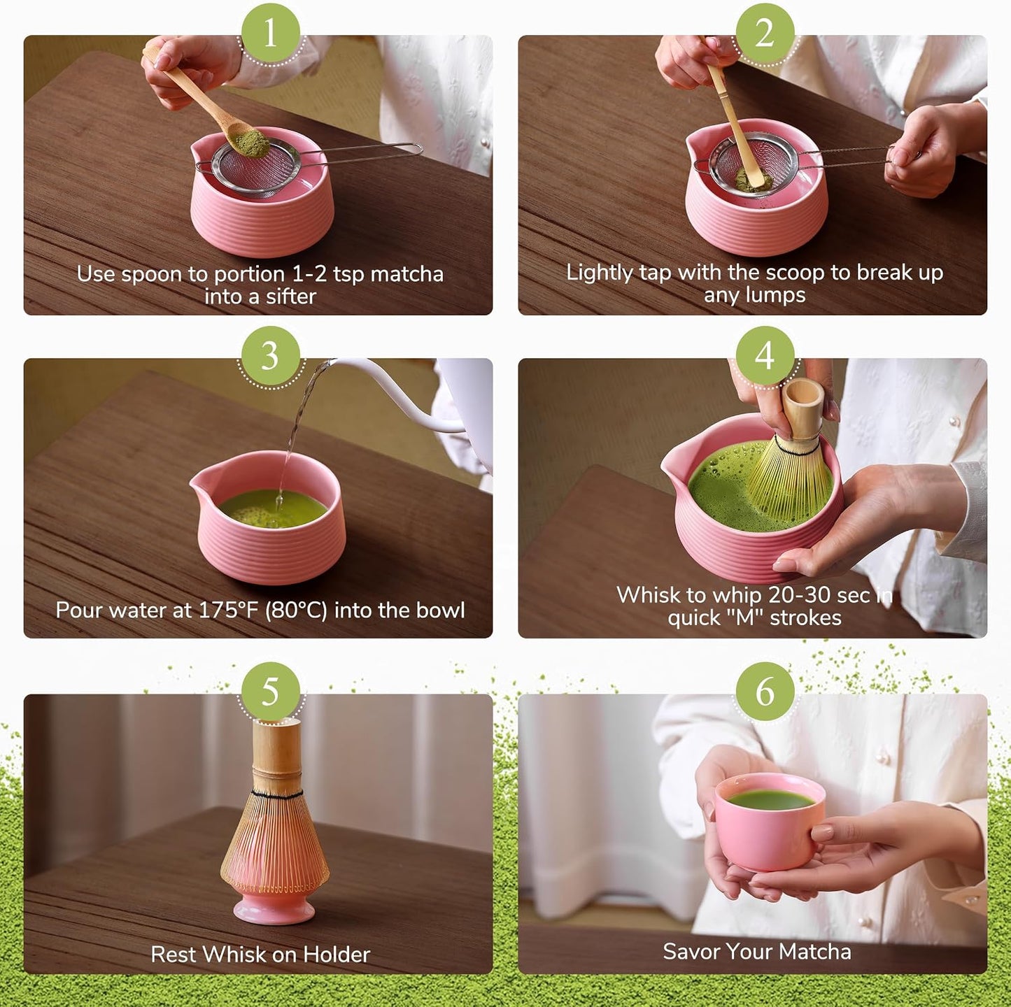 HELPLX Matcha Whisk Set, 10-Piece Japanese Matcha Kit with Bowl, Whisk & Holder, 2 Tea Cups, Bamboo Scoop, Spoon, Sifter, Scoop Rest & Tea Towel – Pink Matcha Tea Set for Ceremony or Daily Use