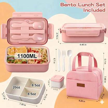 Bento Lunch Box Set for Women & Grils with Sppon & Fork, 1100ml Lunch Box with Lunch Bag, Bento Box for School, Work, Picnic, Leak Proof, BPA-Free, Microwave & Dishwasher Safe (Pink)
