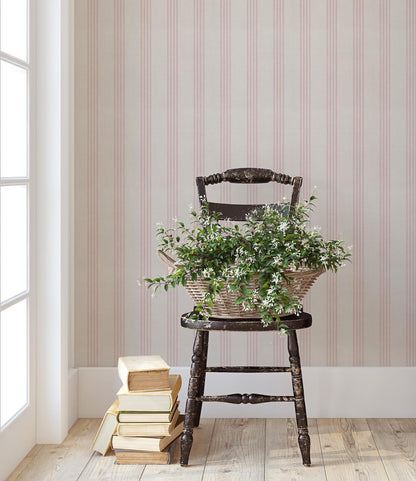 RollsRolla Pink and Beige Striped Peel and Stick Wallpaper, Cottage Farmhouse Style Self-Adhesive for Bathroom, Laundry Room, Girls Room and Bedroom, Made from Fabric Material Works on Textured Walls
