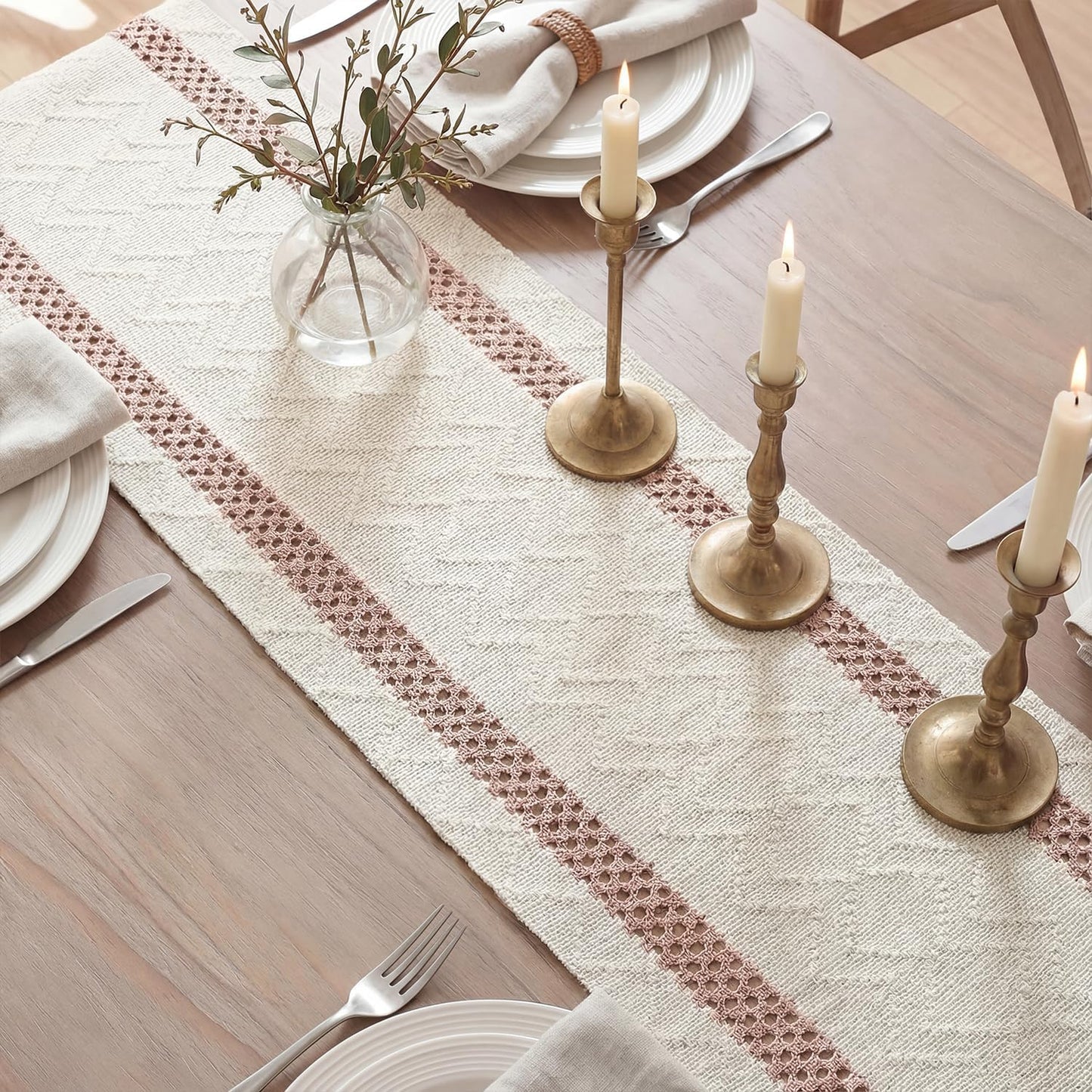 Artoid Mode Pink Stripe Woven Table Runner, Seasonal Holiday Hollow Kitchen Dining Table Decoration for Home Party Decor 12x72 Inch