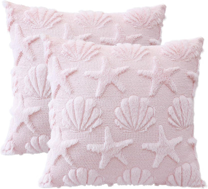 Artscope Summer Ocean Starfish Seashell Pillow Covers 18x18 Set of 2 Decorative Beach Coastal Theme Throw Pillow Cases Soft Plush Faux Fur Couch Cushion Case for Holiday Sofa Bed Room Home Decor-Pink