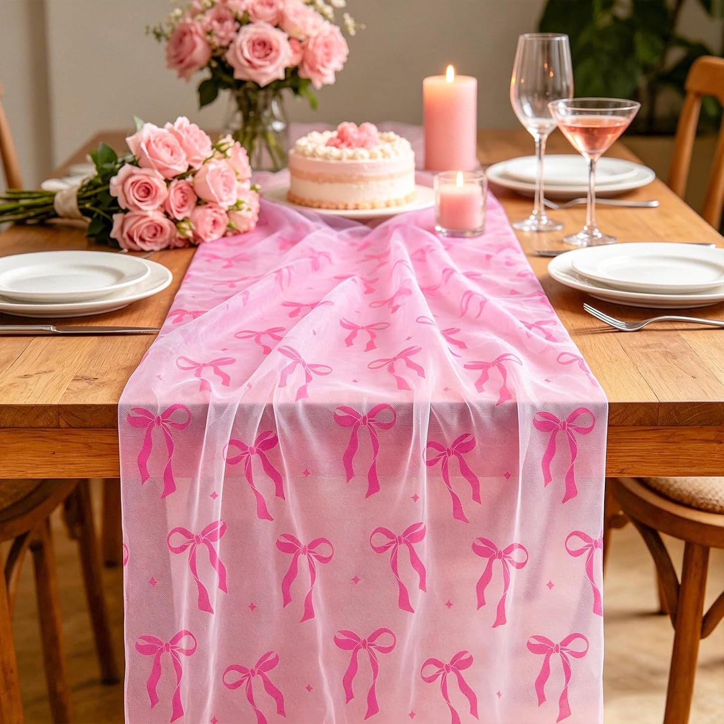 FYSUIMU Pink Bow Gauze Table Runner Coquette Bowknot Decorative Tulle Table Runner Sheer Fabric for Wedding Engagement Bridal Shower Party Coffee Tables Kitchen, 28 x 120 Inch