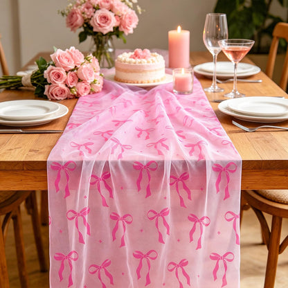 FYSUIMU Pink Bow Gauze Table Runner Coquette Bowknot Decorative Tulle Table Runner Sheer Fabric for Wedding Engagement Bridal Shower Party Coffee Tables Kitchen, 28 x 120 Inch