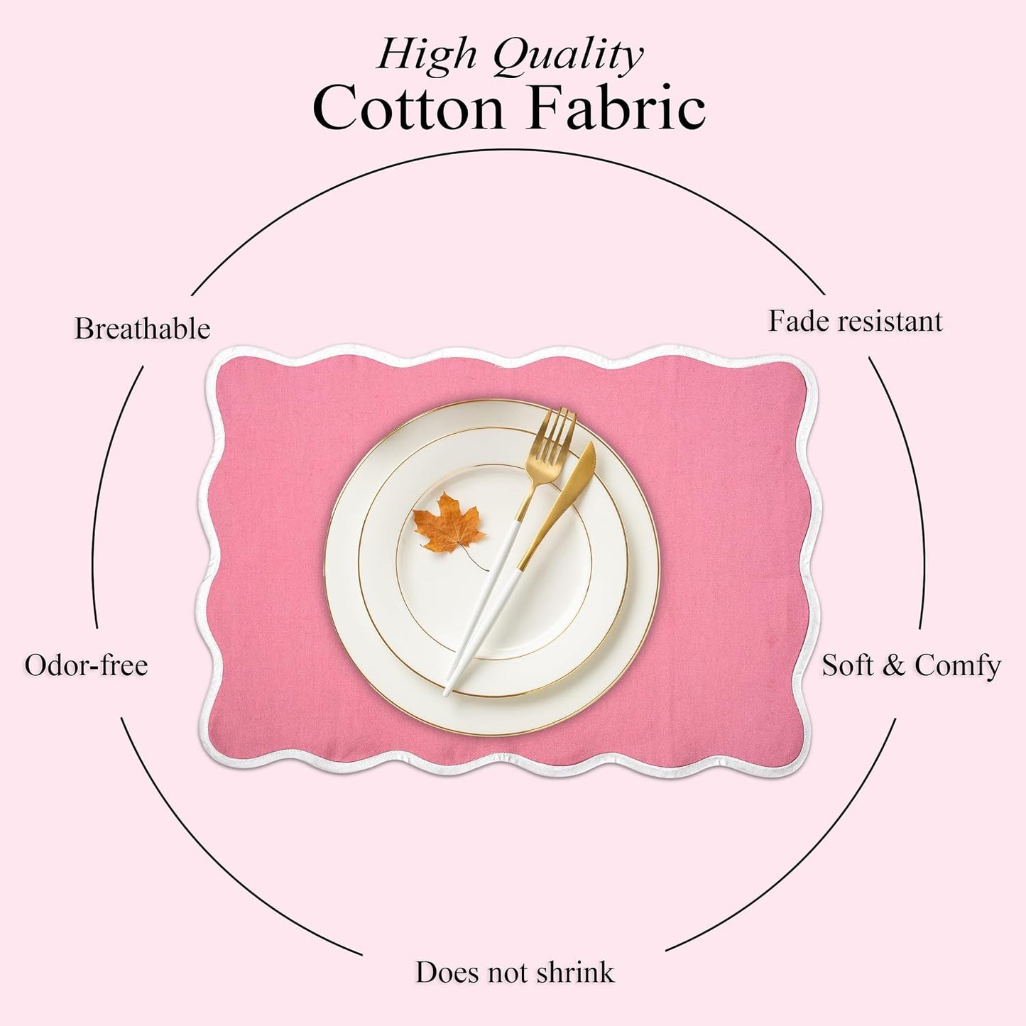CPC Cotton Placemats Poopy Pink Set of 4-Hand Block Printed Reversible Placemats, Flower Scalloped & Embroidered Cloth Table Mats - 14 x 20 inch Gift for Spring, Mother's Day