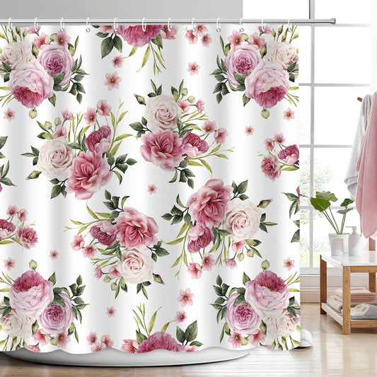 APROPHIC Vintage Floral Shower Curtain Home Decor Pink Rose Shower Curtains for Bathroom Plant Green Leaves Polyester Fabric Waterproof Flower Bathroom Curtain with 12 Hooks 72"*72"