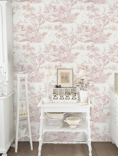 CiCiwind Pink and White Toile Peel and Stick Wallpaper 16" x 118" Classic Vintage Removable Self-Adhesive Vinyl Wallpaper for Bedroom Bathroom Cabinets
