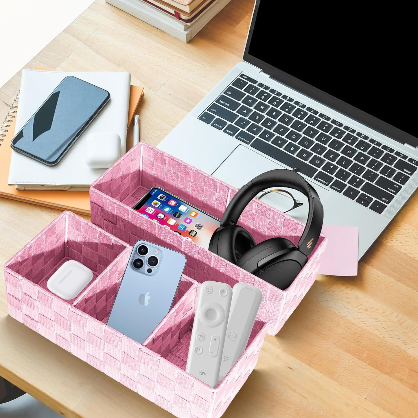 Drawer Organizer, Cube Baskets for Storage Shelves, Handmade Small Woven Basket, Shallow Storage Bins for Organizing Desk, Dresser, Kitchen, Pantry, Nested 7 Pack, Pink