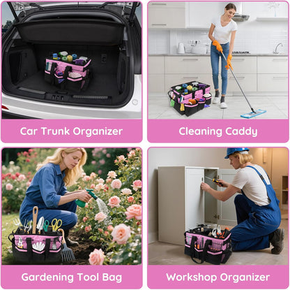 ZKOO Large Cleaning Caddy Bag with Handle, Built-in Sturdy Support Board, Adjustable Shoulder Strap, Multi-compartment Design Cleaning Supply Tote for Cleaners & Housekeepers (Pink)