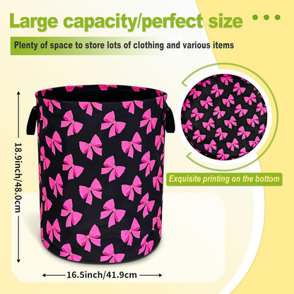 Pink Bow Laundry Basket Funny Bowknot Foldable Waterproof Oxford Cloth Tote Bag Laundry Hamper Round Large Clothes Storage Bucket Organizer For Bathroom/Laundry Storage/Bedroom 18.9x16.5 Inch