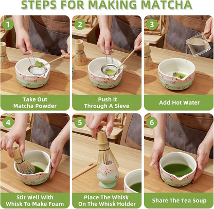 Koythin 6-Piece Ceramic Matcha Whisk Set, Cute Bow-Heart Matcha Bowl Set for Ceremony Tea-Lovers, Unique Tea Making Kit with Whisk Holder Scoop Two Bowls (Gradient Pink White)