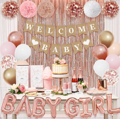 Ouddy Party Rose Gold Baby Shower Decorations for Girl with Welcome Baby Banner Baby Girls Rose Gold Pink Gold White Foil Balloons Fringe Curtains Paper Pom Poms for Baby Shower Reveal Party Supplies
