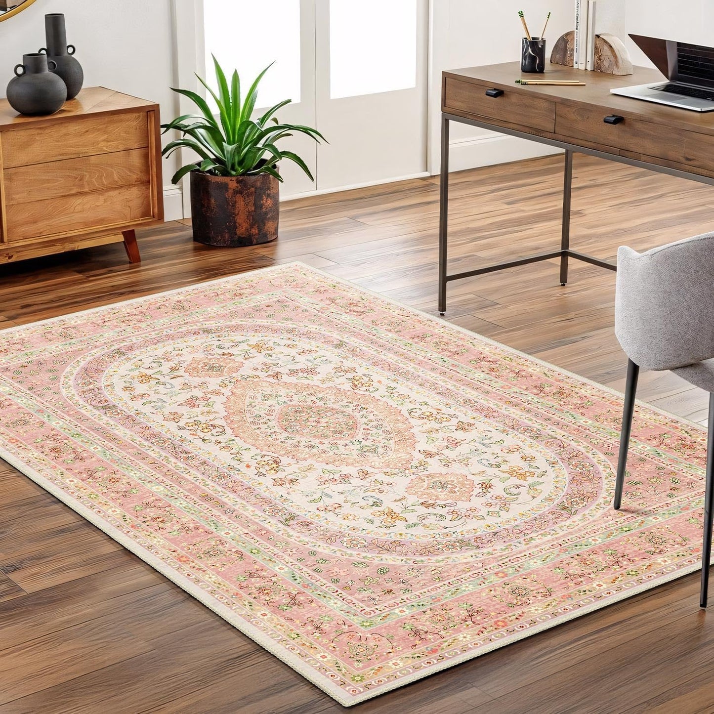 Pink Rug 3x5,Boho Washable Area Rugs for Bedroom Living Room Kitchen Entryway,Small Vintage Distressed Farmhouse Non Slip Carpet,Blush Floral