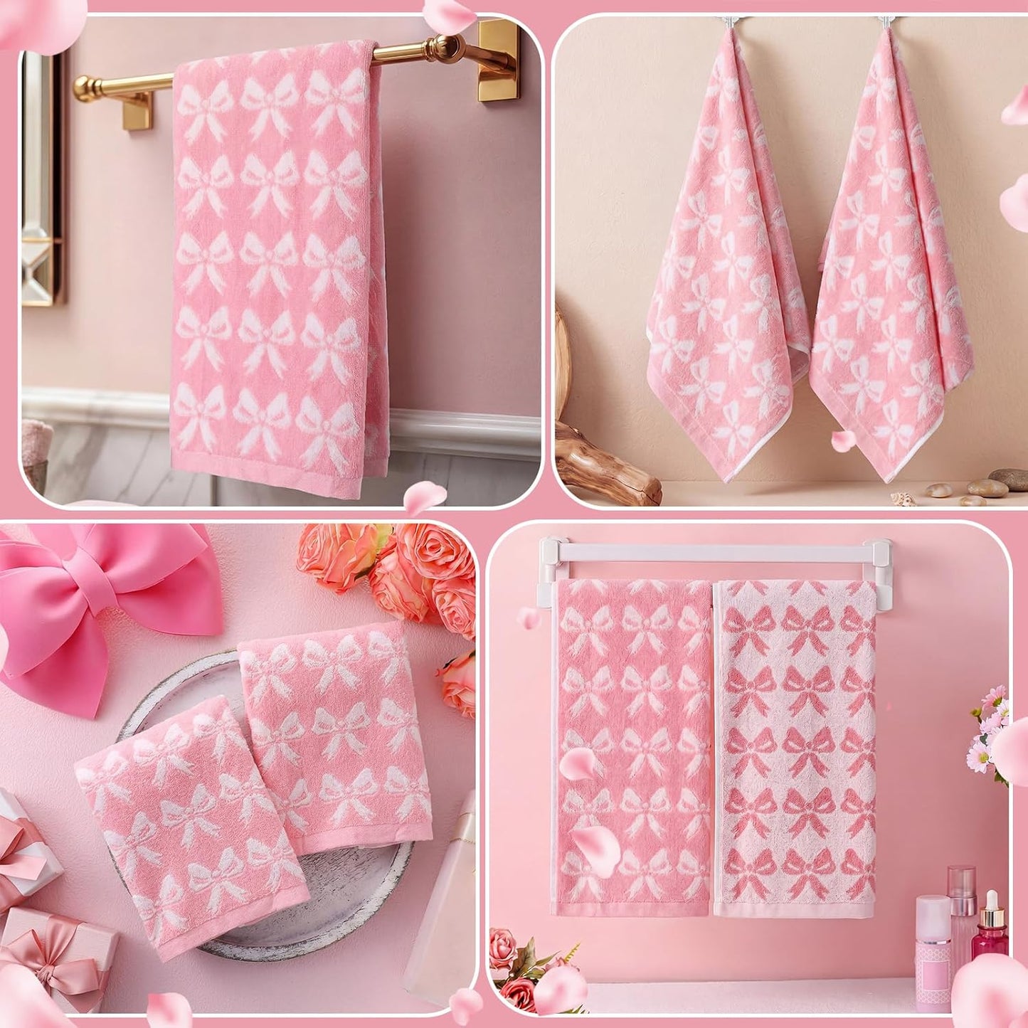 Mindsoft 2 Pcs Pink Bow Hand Towels 100% Cotton 13 x 29 Inch Soft Decorative Bathroom Towels Absorbent for Gym Spa Guest Room