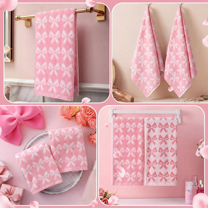 Mindsoft 2 Pcs Pink Bow Hand Towels 100% Cotton 13 x 29 Inch Soft Decorative Bathroom Towels Absorbent for Gym Spa Guest Room