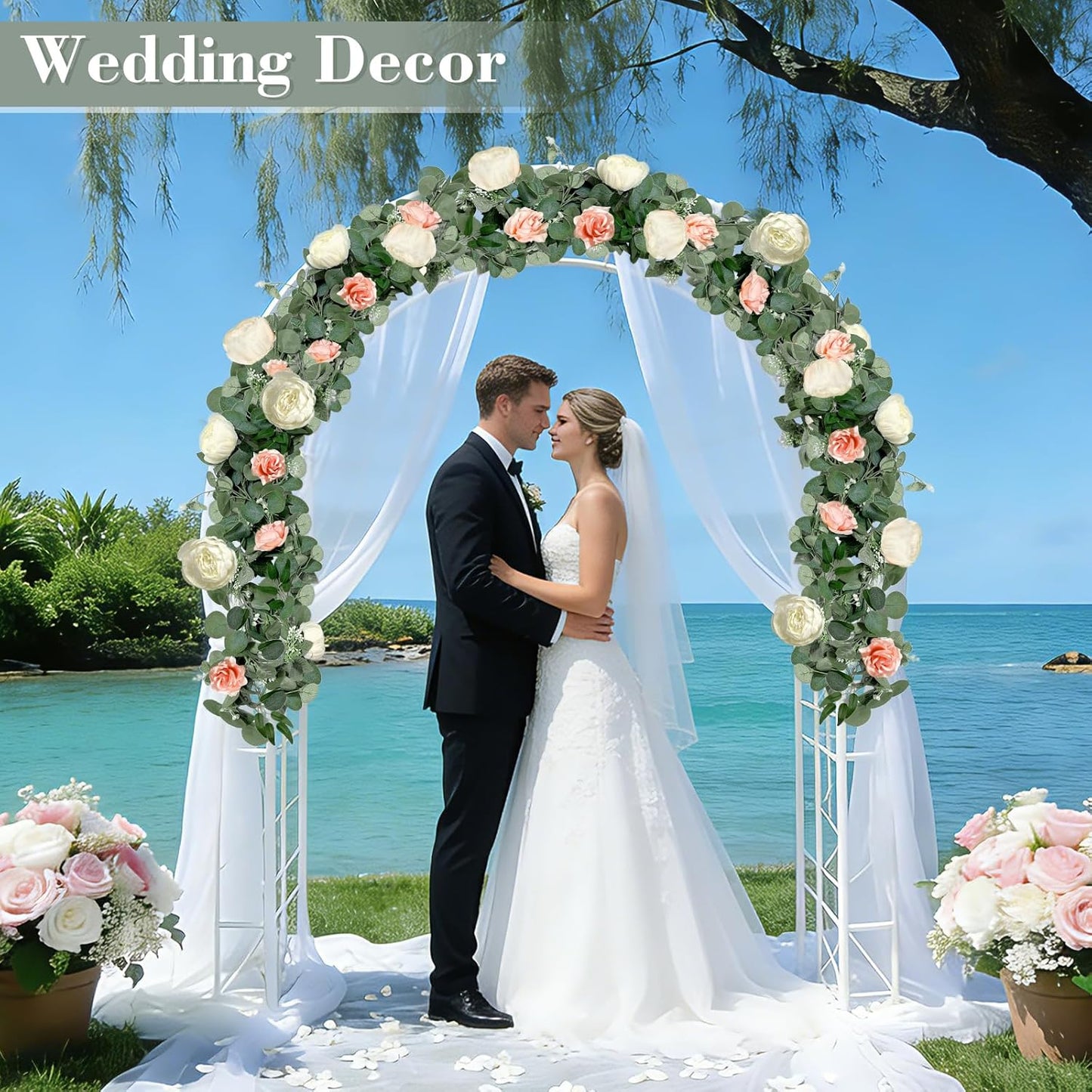 2 Pack 13Ft Artificial Eucalyptus Flower Garland with 16 White Peony Pink Rose, Baby Breath Fake Flowers Greenery Garland Floral Vine for Mantle Wedding Table Runner Centerpiece Backdrop Home Decor