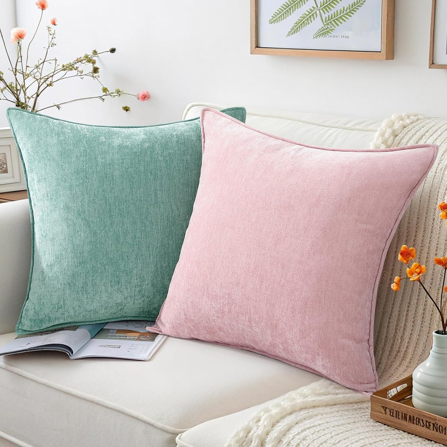decorUhome Summer Couch Throw Pillow Covers 18x18 Set of 2, Decorative Soft Velvet Modern Cozy Chenille Pillow Cases with Elegant Design for Sofa Bed Living Room Home Decor, Blush Pink