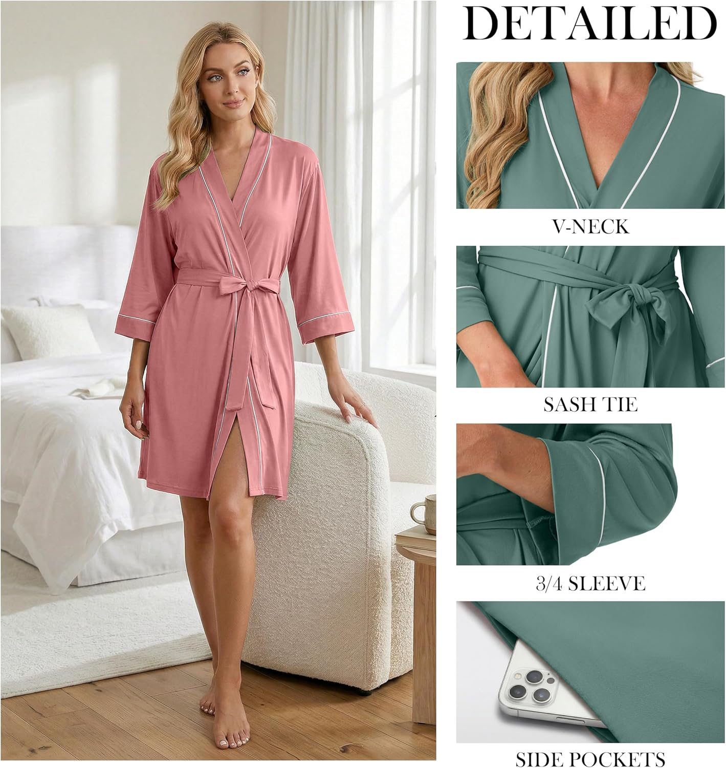 PrinStory Womens Robe Knee Length Knit Bathrobe Lightweight Soft Ladies Robes